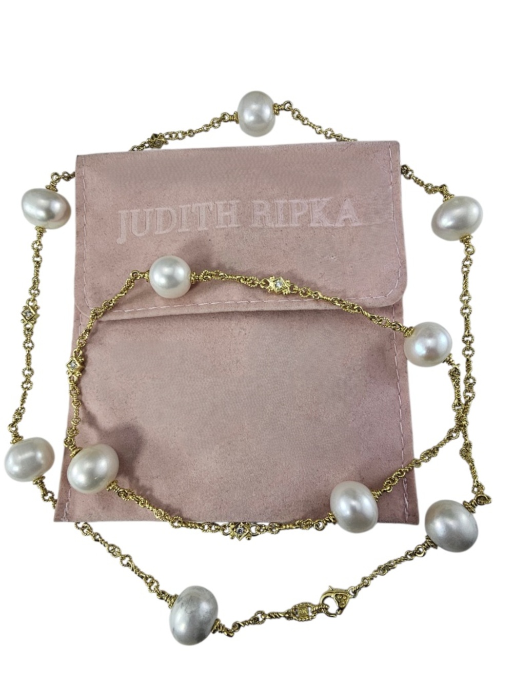 Judith Ripka 18K Yellow Gold Pearl Diamond Station Necklace w/Pouch 32"  #24613